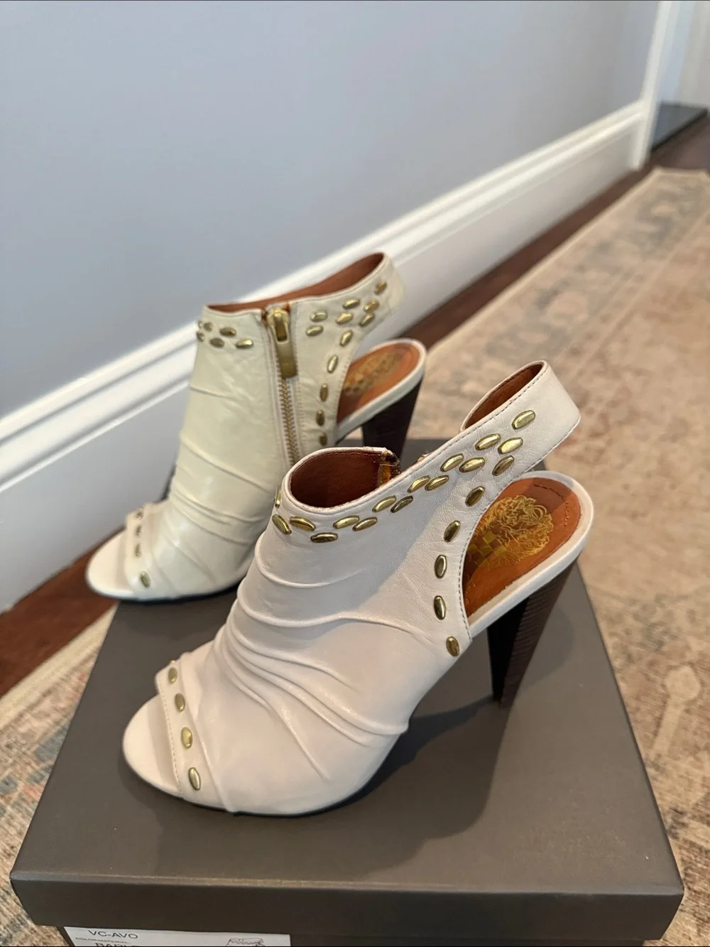 Vince Camuto Ivory Open-Toe Studded Leather Heels with Side Zipper